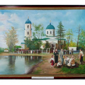 Картина М.Пісного «Олена Пчілка та М. Старицький біля Крутьківської церкви»